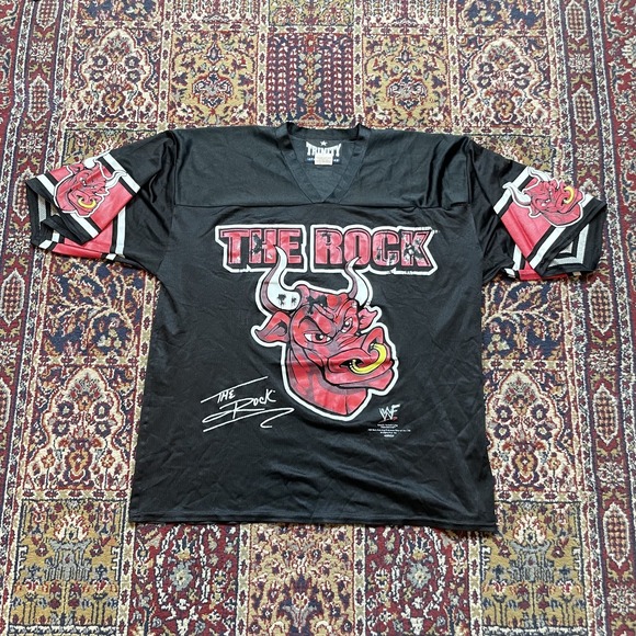 Vintage 90s 1990 WWF THE ROCK Shut Your Mouth Mesh Football Jersey Red‎ Black L